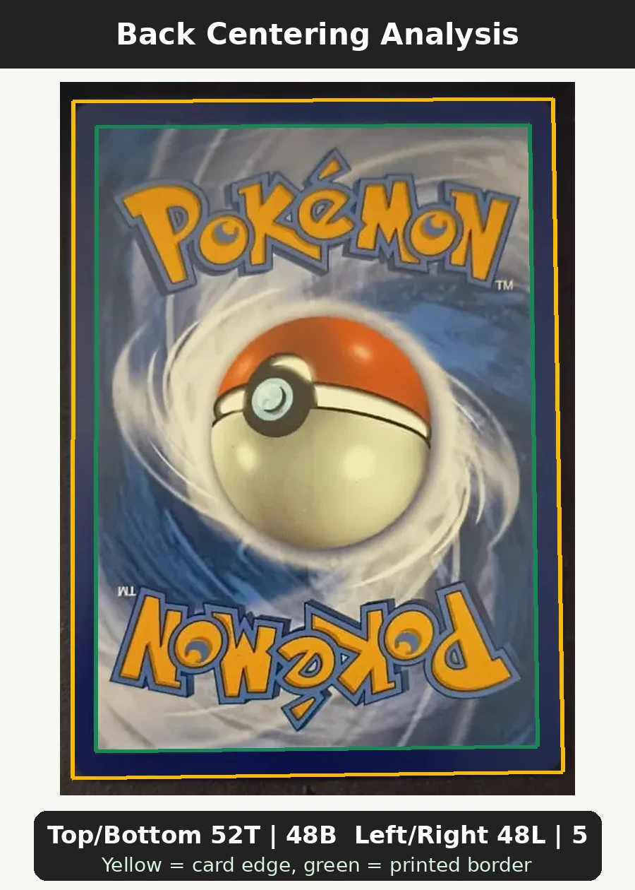 Charizard ex 223/197 Obsidian Flames back centering analysis showing Top/Bottom 52T | 48B and Left/Right 48L | 52R.