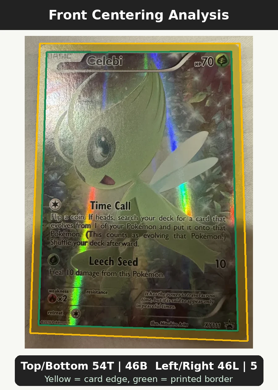 Celebi XY111/211 XY Black Star Promos front centering analysis showing Top/Bottom 54T | 46B and Left/Right 46L | 54R.