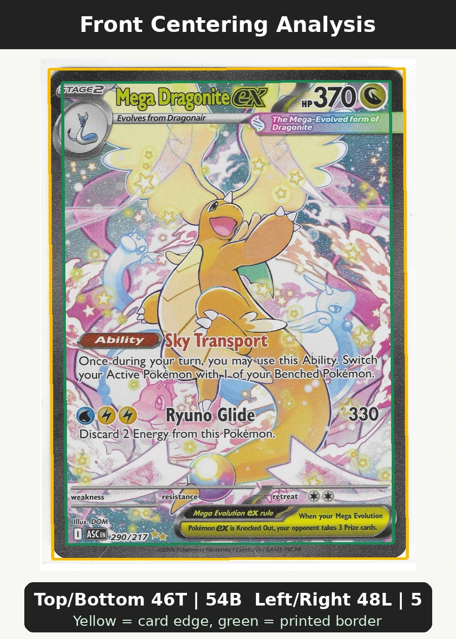 Mega Dragonite ex 290/217 Ascended Heroes front centering analysis showing Top/Bottom 46T | 54B and Left/Right 48L | 52R.