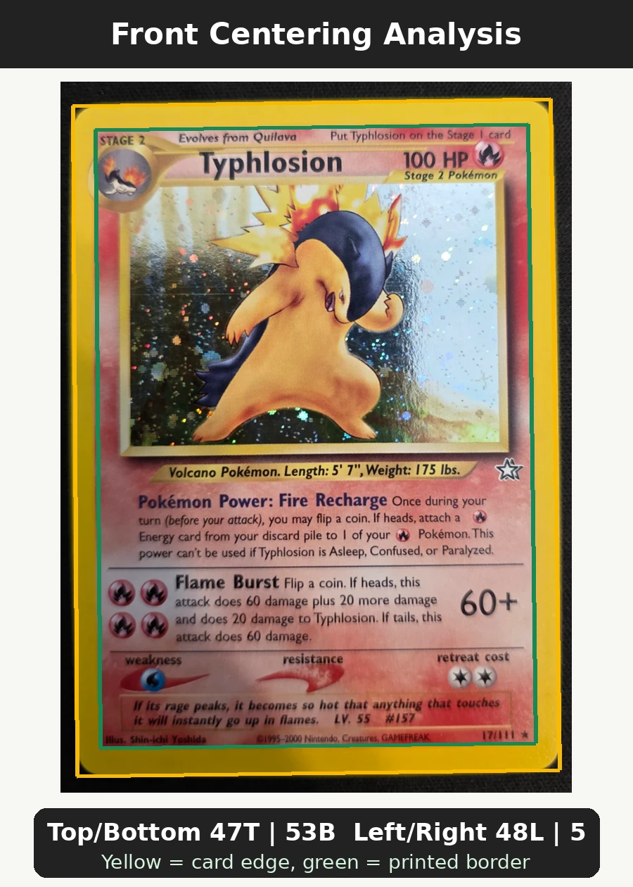 Typhlosion 017/111 Neo Genesis front centering analysis showing Top/Bottom 47T | 53B and Left/Right 48L | 52R.