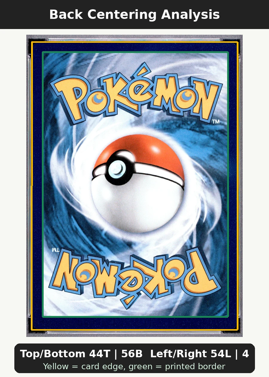 Special Delivery Charizard SWSH075/307 SWSH Black Star Promos back centering analysis showing Top/Bottom 44T | 56B and Left/Right 54L | 46R.