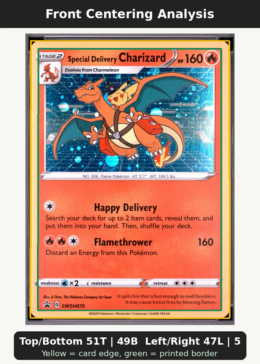 Special Delivery Charizard SWSH075/307 SWSH Black Star Promos front centering analysis showing Top/Bottom 51T | 49B and Left/Right 47L | 53R.