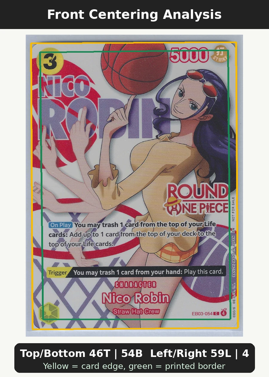 Nico Robin (EB03-054) · Round 1 EB03-054 One Piece Promotion Cards front centering analysis showing Top/Bottom 46T | 54B and Left/Right 59L | 41R.