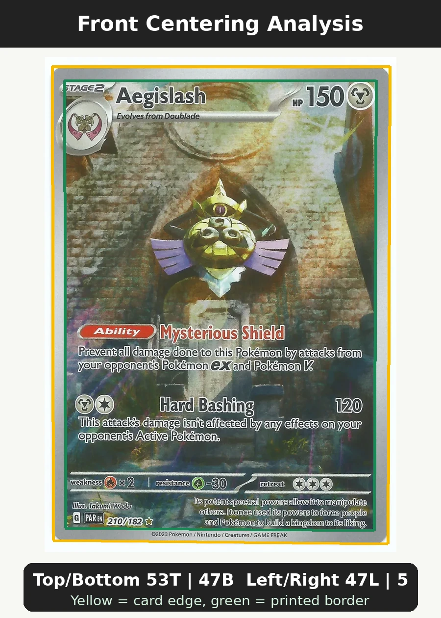 Aegislash 210/182 Paradox Rift front centering analysis showing Top/Bottom 53T | 47B and Left/Right 47L | 53R.