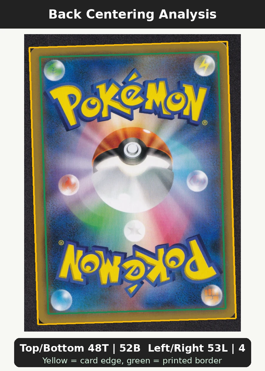 Pikachu & Zekrom GX 031/95 Tag Bolt back centering analysis showing Top/Bottom 48T | 52B and Left/Right 53L | 47R.
