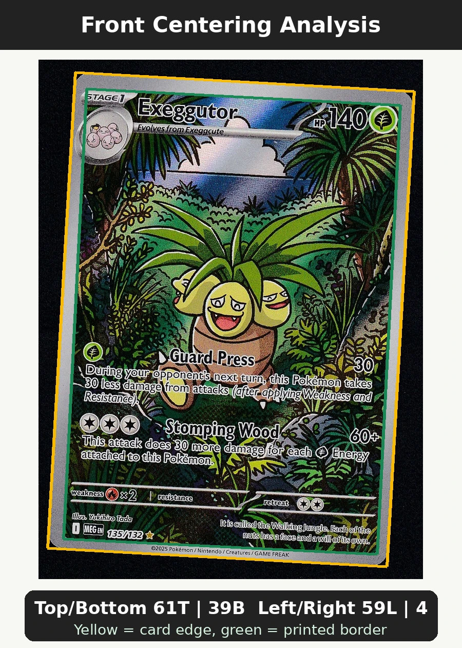 Exeggutor 135/132 Mega Evolution front centering analysis showing Top/Bottom 61T | 39B and Left/Right 59L | 41R.