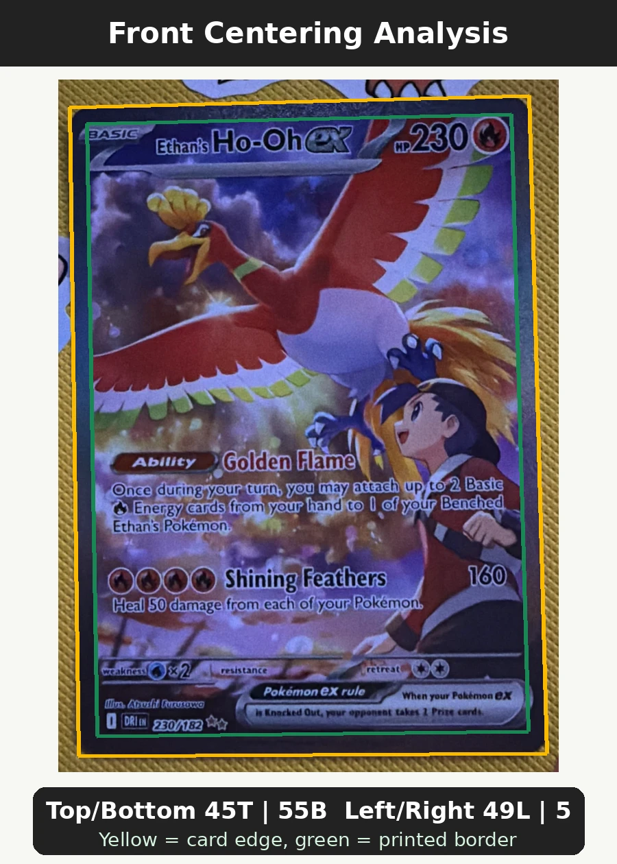 Ethan's Ho-Oh ex 230/182 Destined Rivals front centering analysis showing Top/Bottom 45T | 55B and Left/Right 49L | 51R.