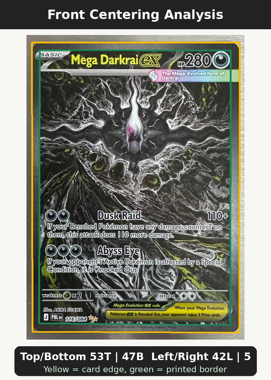 Mega Darkrai ex 116/84 Pitch Black front centering analysis showing Top/Bottom 53T | 47B and Left/Right 42L | 58R.