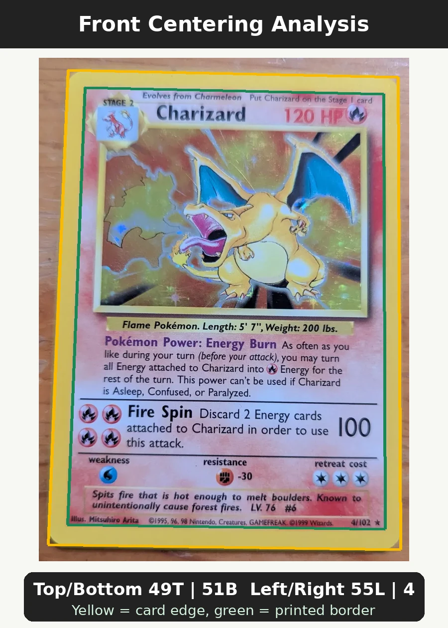 Charizard 004/102 Base Set front centering analysis showing Top/Bottom 49T | 51B and Left/Right 55L | 45R.