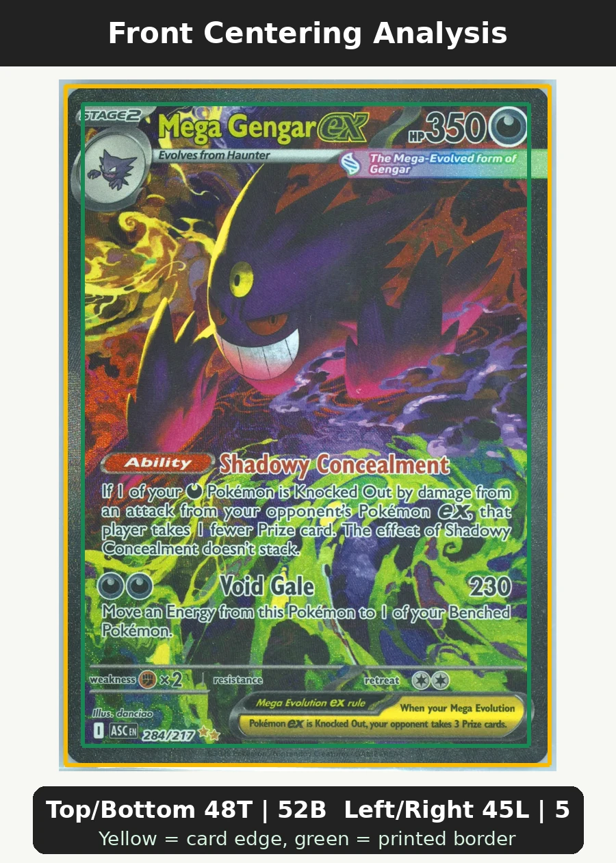 Mega Gengar ex 284/217 Ascended Heroes front centering analysis showing Top/Bottom 48T | 52B and Left/Right 45L | 55R.