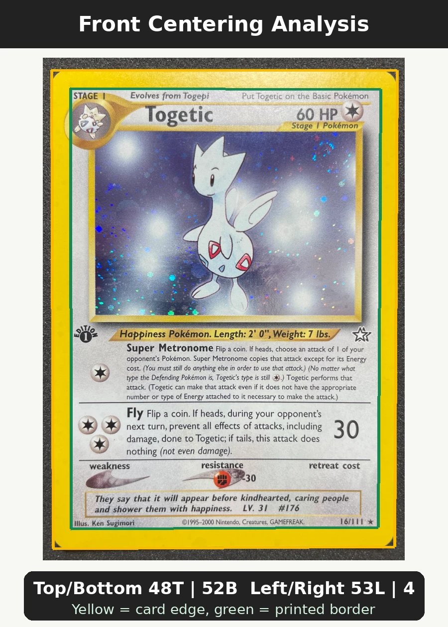 Togetic 016/111 Neo Genesis front centering analysis showing Top/Bottom 48T | 52B and Left/Right 53L | 47R.