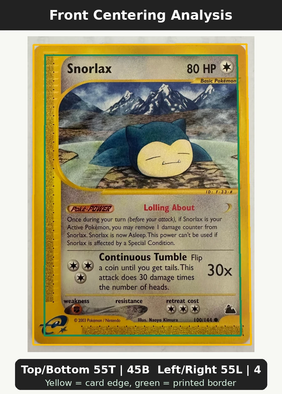 Snorlax 100/144 Skyridge front centering analysis showing Top/Bottom 55T | 45B and Left/Right 55L | 45R.