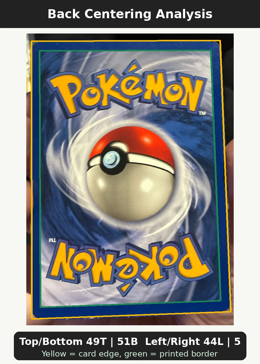 Charizard 004/130 Base Set 2 back centering analysis showing Top/Bottom 49T | 51B and Left/Right 44L | 56R.