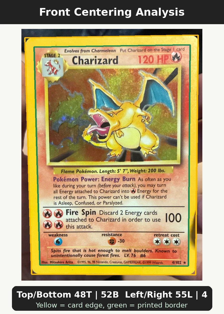 Charizard 004/130 Base Set 2 front centering analysis showing Top/Bottom 48T | 52B and Left/Right 55L | 45R.
