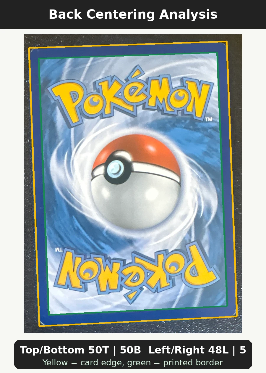 Mew EX XY126/211 XY Black Star Promos back centering analysis showing Top/Bottom 50T | 50B and Left/Right 48L | 52R.