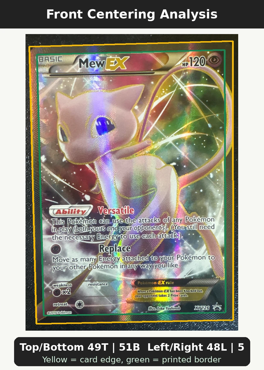 Mew EX XY126/211 XY Black Star Promos front centering analysis showing Top/Bottom 49T | 51B and Left/Right 48L | 52R.