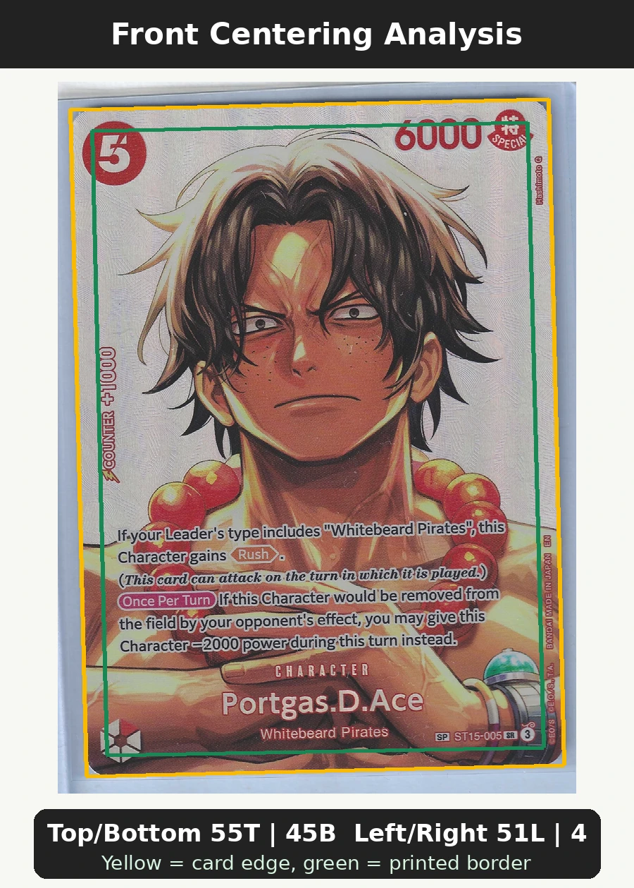 Portgas.D.Ace ST15-005 - SP One Piece Promotion Cards front centering analysis showing Top/Bottom 55T | 45B and Left/Right 51L | 49R.