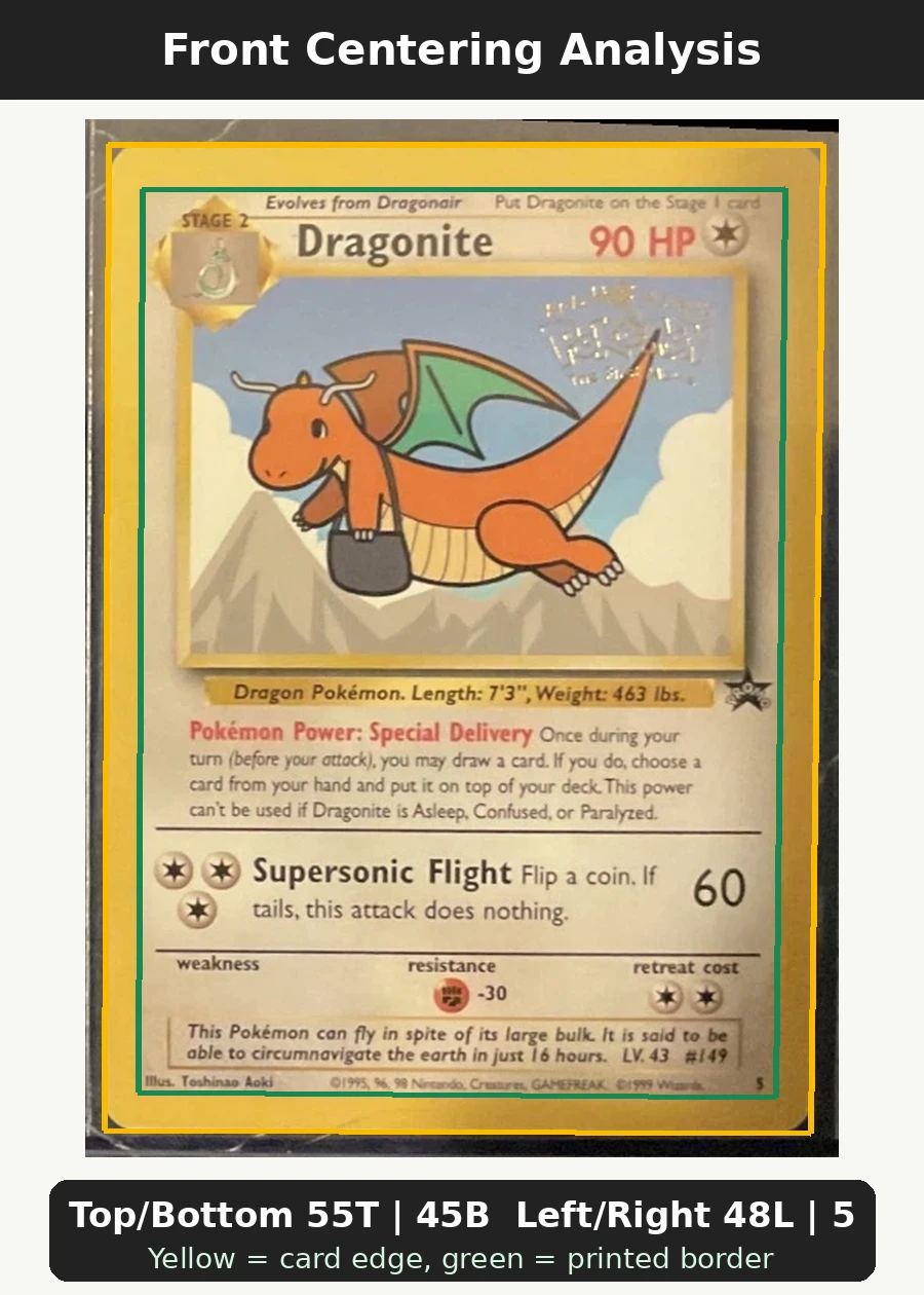 Dragonite 005/53 Wizards Black Star Promos front centering analysis showing Top/Bottom 55T | 45B and Left/Right 48L | 52R.