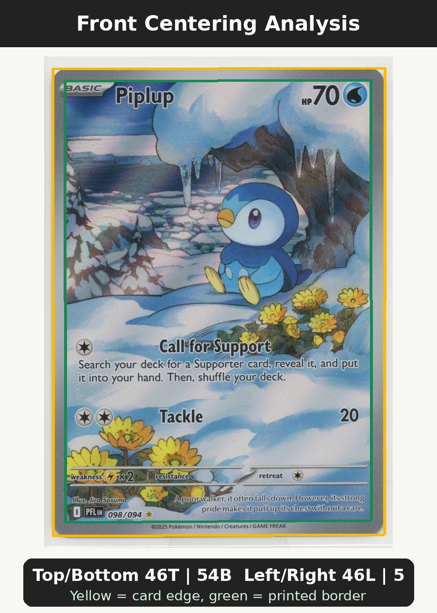Piplup 098/94 Phantasmal Flames front centering analysis showing Top/Bottom 46T | 54B and Left/Right 46L | 54R.