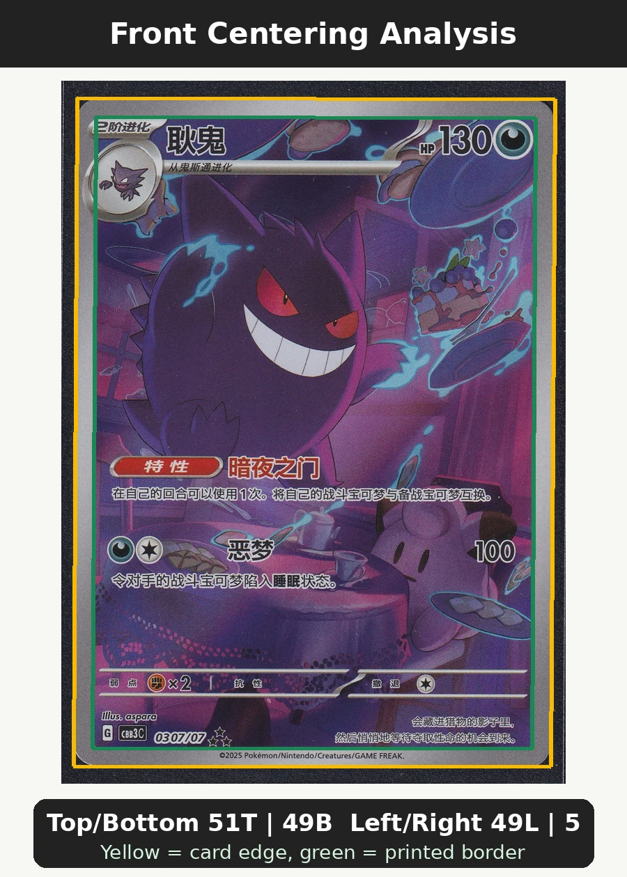 Gengar CN [PRISTINE]? OTHER front centering analysis showing Top/Bottom 51T | 49B and Left/Right 49L | 51R.