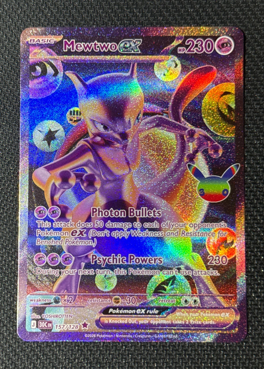 Mewtwo ex 157/128 30th Celebration front card photo in PokeToGrade pregrading report
