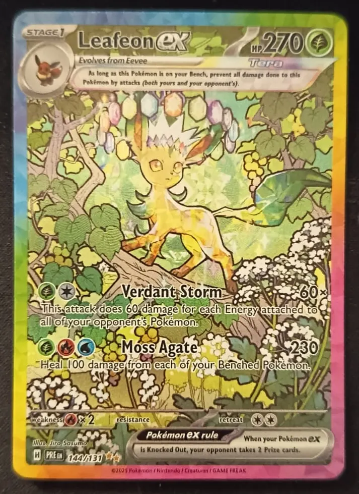 Leafeon ex 144/131 Prismatic Evolutions front card photo in PokeToGrade pregrading report