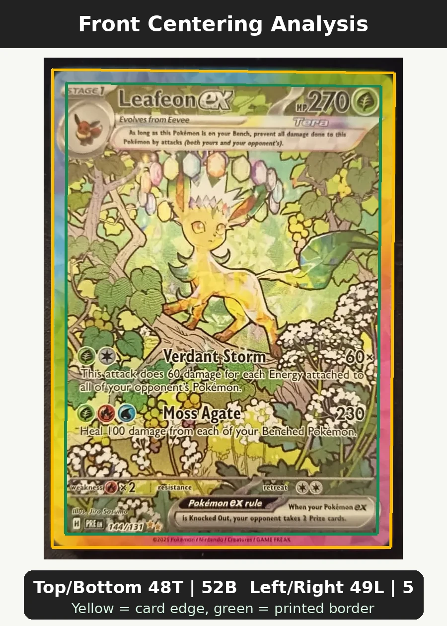 Leafeon ex 144/131 Prismatic Evolutions front centering analysis showing Top/Bottom 48T | 52B and Left/Right 49L | 51R.