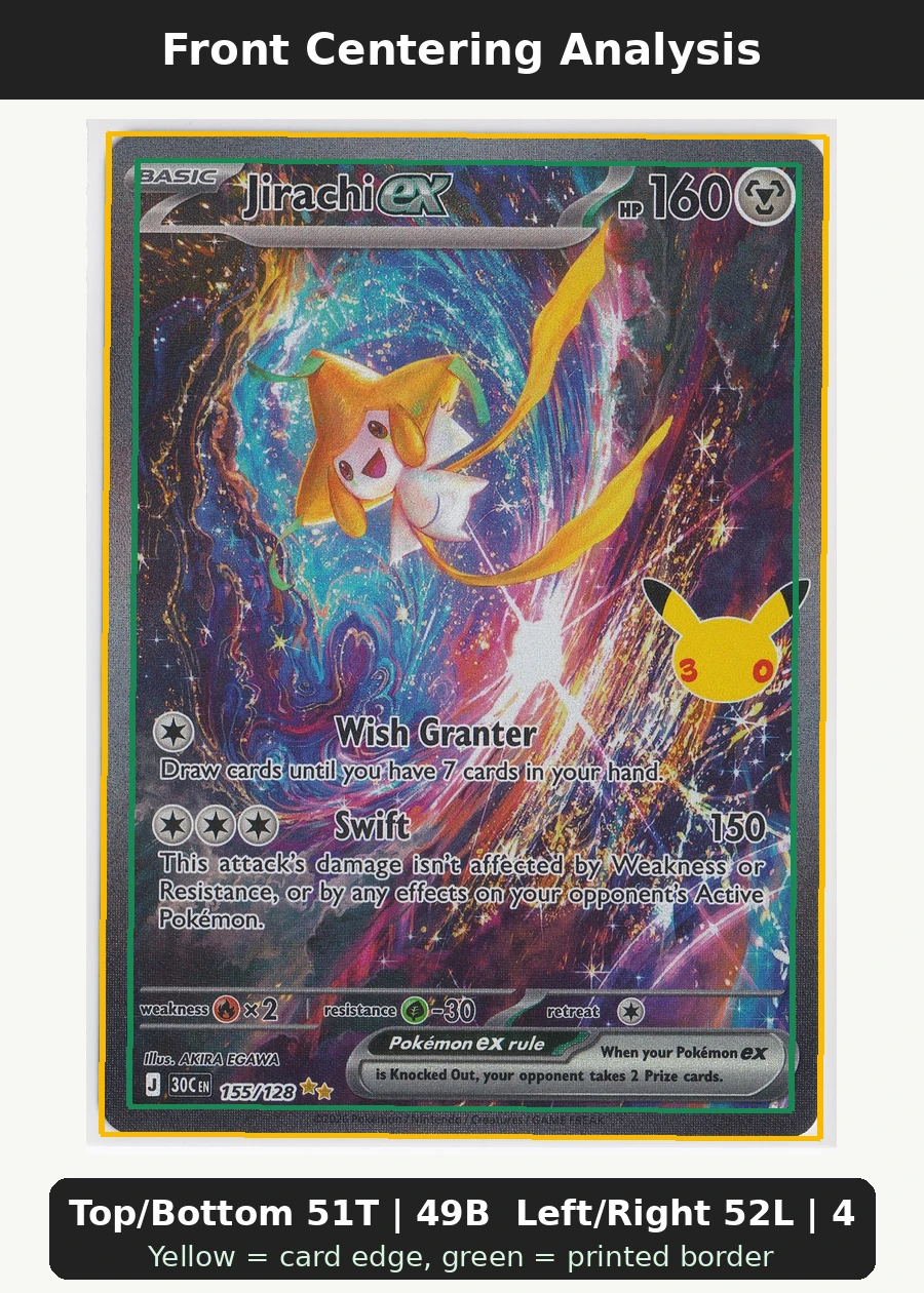 Jirachi ex 155/128 30th Celebration front centering analysis showing Top/Bottom 51T | 49B and Left/Right 52L | 48R.