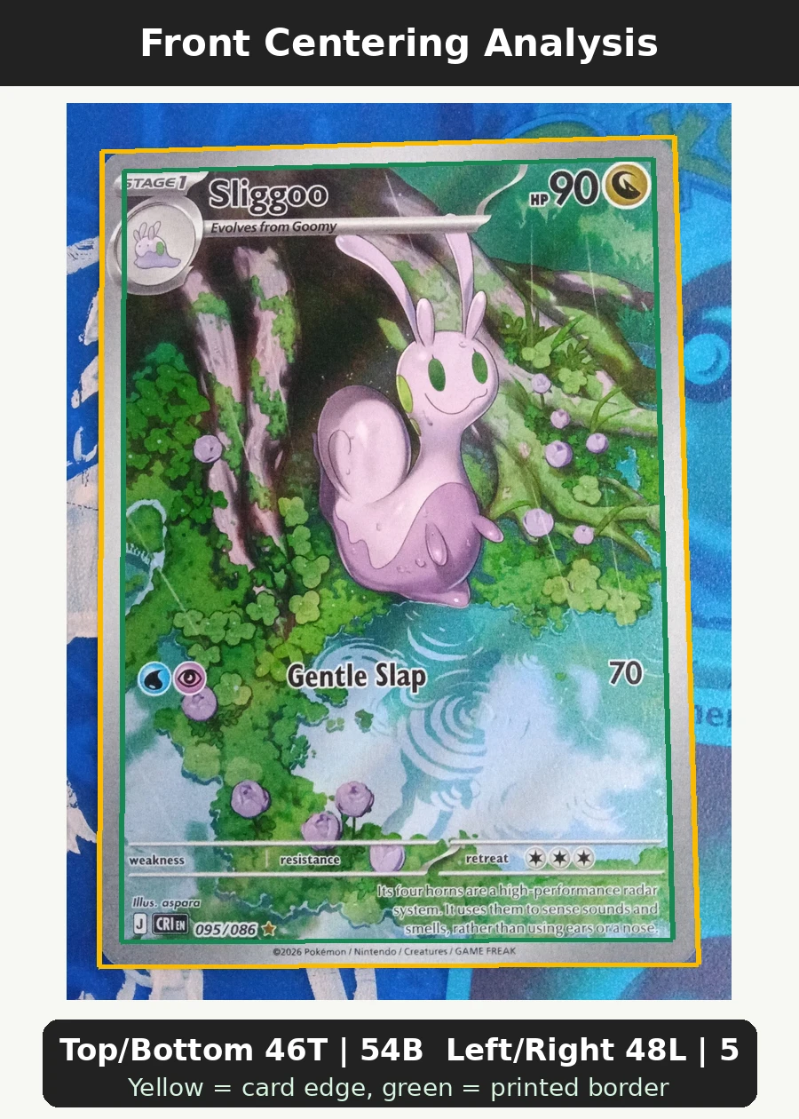 Sliggoo 095/86 Chaos Rising front centering analysis showing Top/Bottom 46T | 54B and Left/Right 48L | 52R.