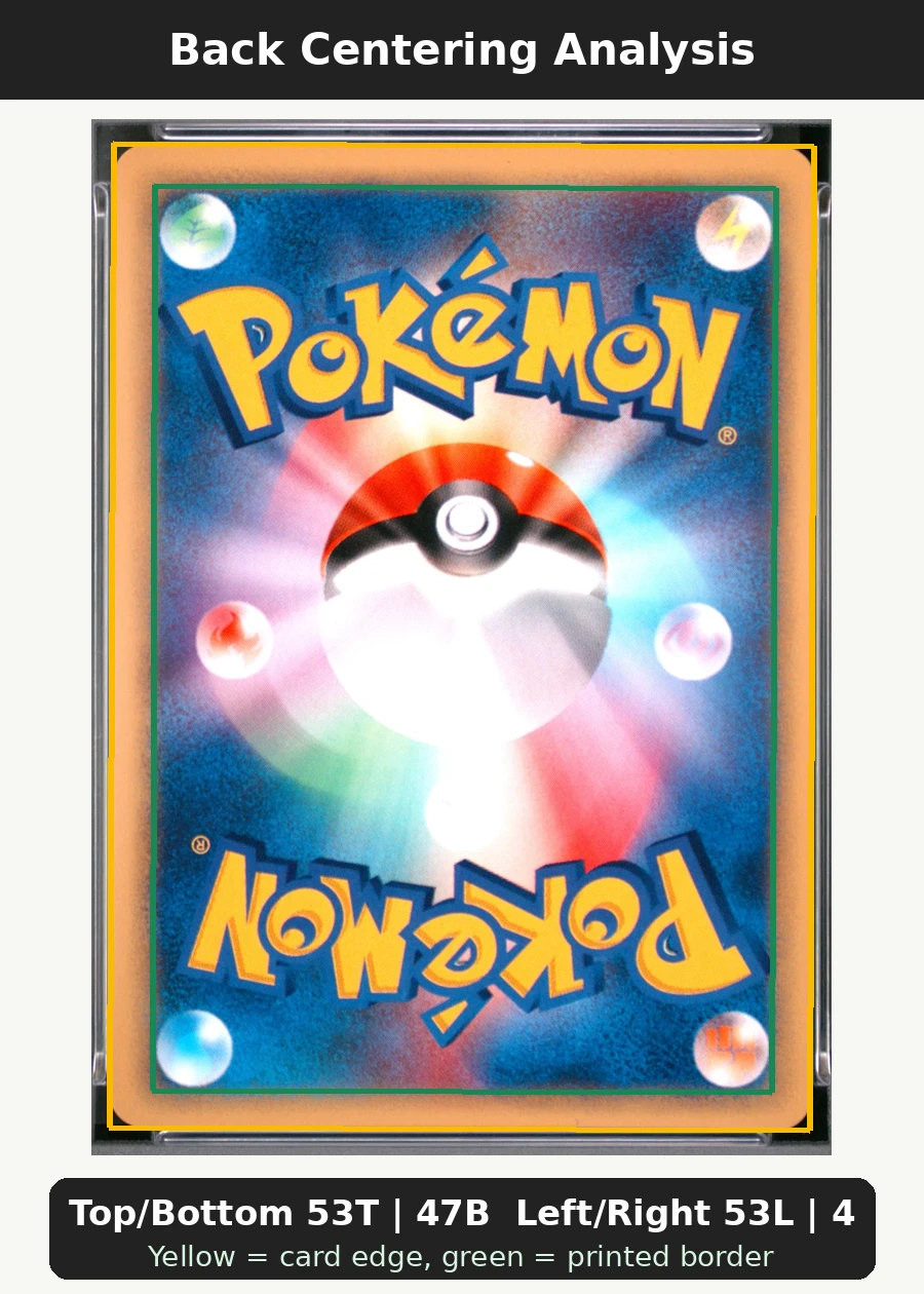 Karen's Tyranitar 090/141 Pokémon Card VS back centering analysis showing Top/Bottom 53T | 47B and Left/Right 53L | 47R.