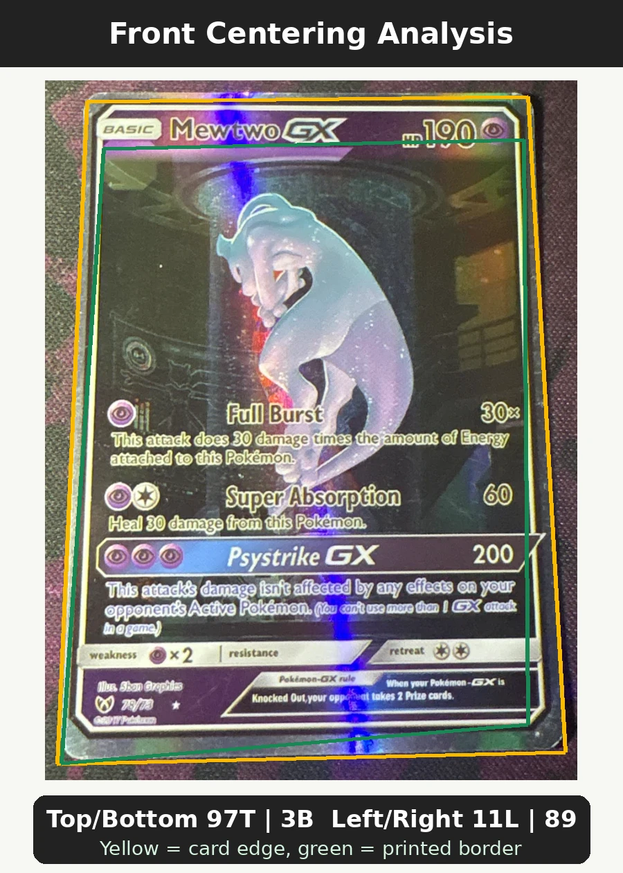 Mewtwo GX 078/73 Shining Legends front centering analysis showing Top/Bottom 97T | 3B and Left/Right 11L | 89R.