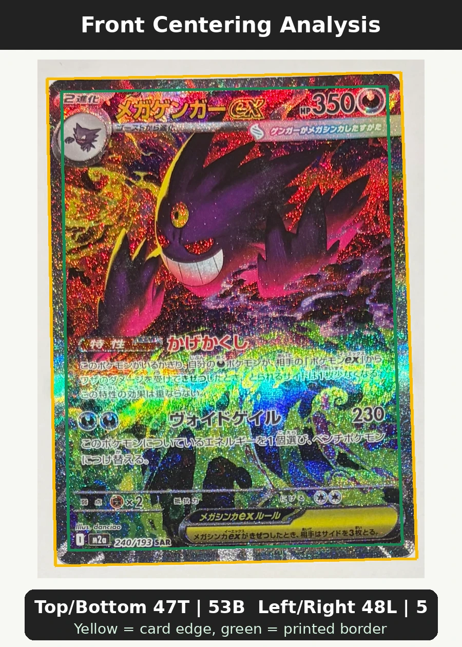 Mega Gengar ex 240/193 MEGA Dream ex front centering analysis showing Top/Bottom 47T | 53B and Left/Right 48L | 52R.