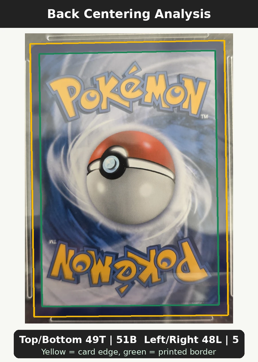 Pikachu ex 238/191 Surging Sparks back centering analysis showing Top/Bottom 49T | 51B and Left/Right 48L | 52R.
