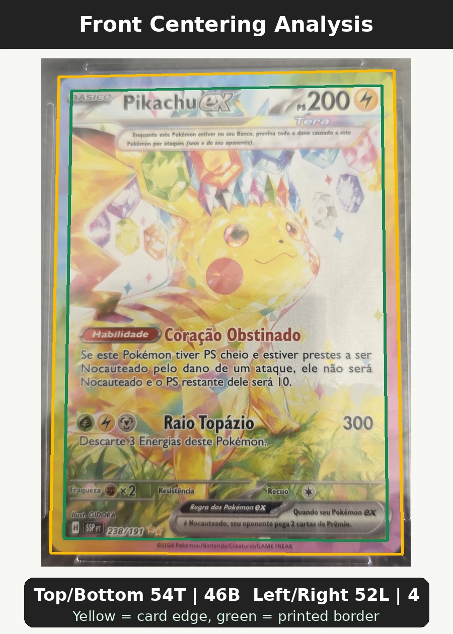 Pikachu ex 238/191 Surging Sparks front centering analysis showing Top/Bottom 54T | 46B and Left/Right 52L | 48R.