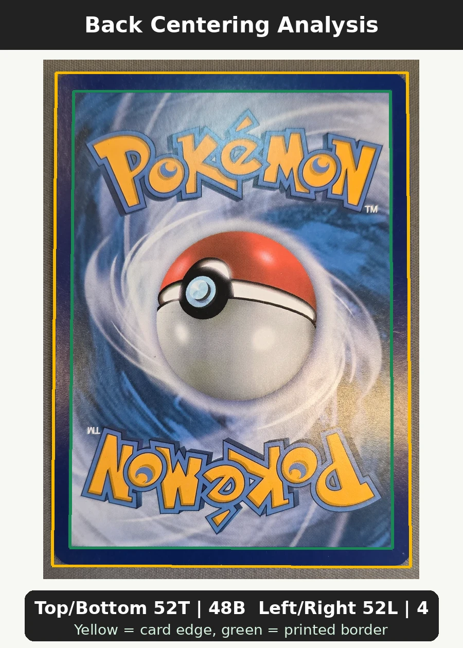 Charizard GX 150/147 Burning Shadows back centering analysis showing Top/Bottom 52T | 48B and Left/Right 52L | 48R.