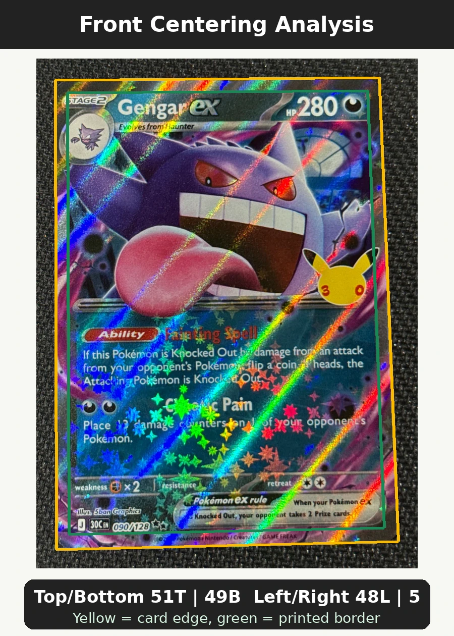 Gengar ex 090/128 30th Celebration front centering analysis showing Top/Bottom 51T | 49B and Left/Right 48L | 52R.