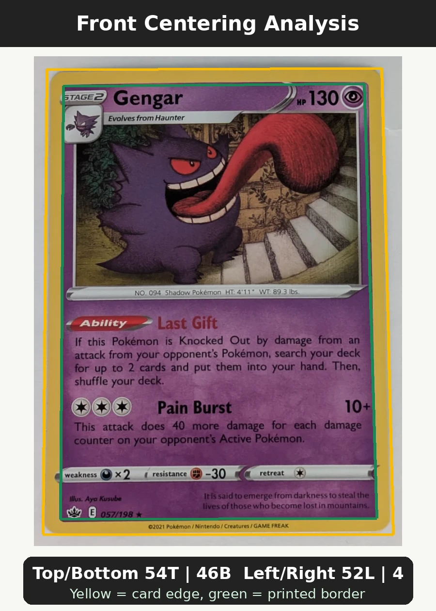 Gengar 057/198 Chilling Reign front centering analysis showing Top/Bottom 54T | 46B and Left/Right 52L | 48R.