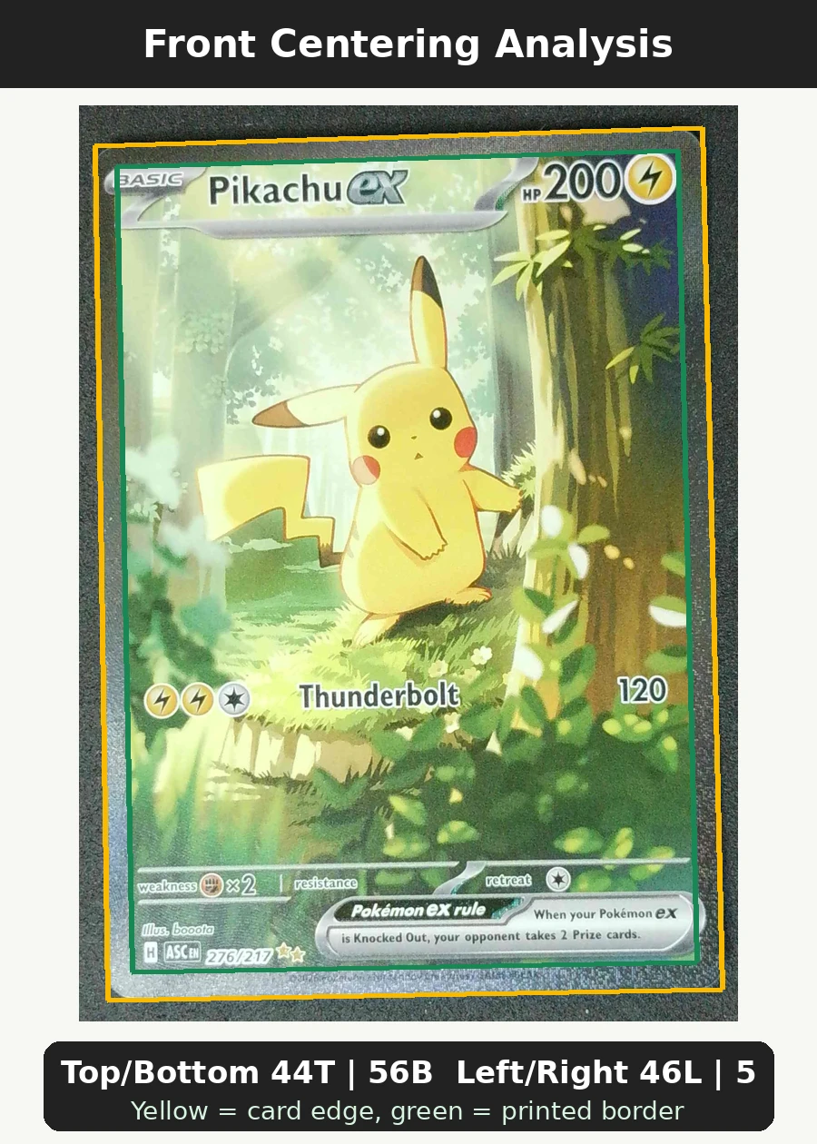 Pikachu ex 276/217 Ascended Heroes front centering analysis showing Top/Bottom 44T | 56B and Left/Right 46L | 54R.
