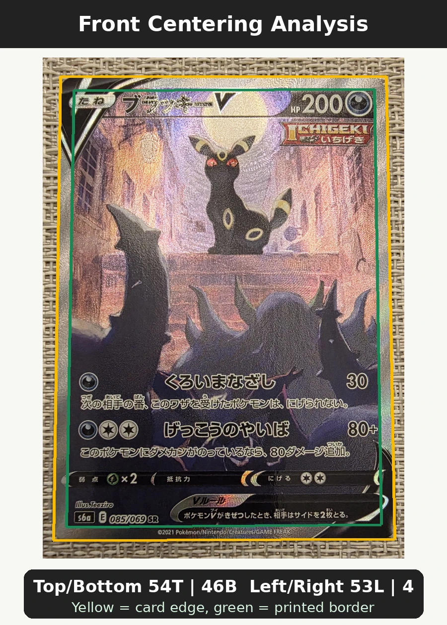 Umbreon V 085/69 Eevee Heroes front centering analysis showing Top/Bottom 54T | 46B and Left/Right 53L | 47R.