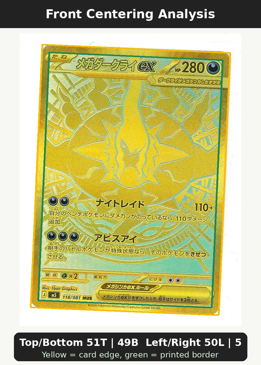 Mega Darkrai ex 118/81 Abyss Eye front centering analysis showing Top/Bottom 51T | 49B and Left/Right 50L | 50R.