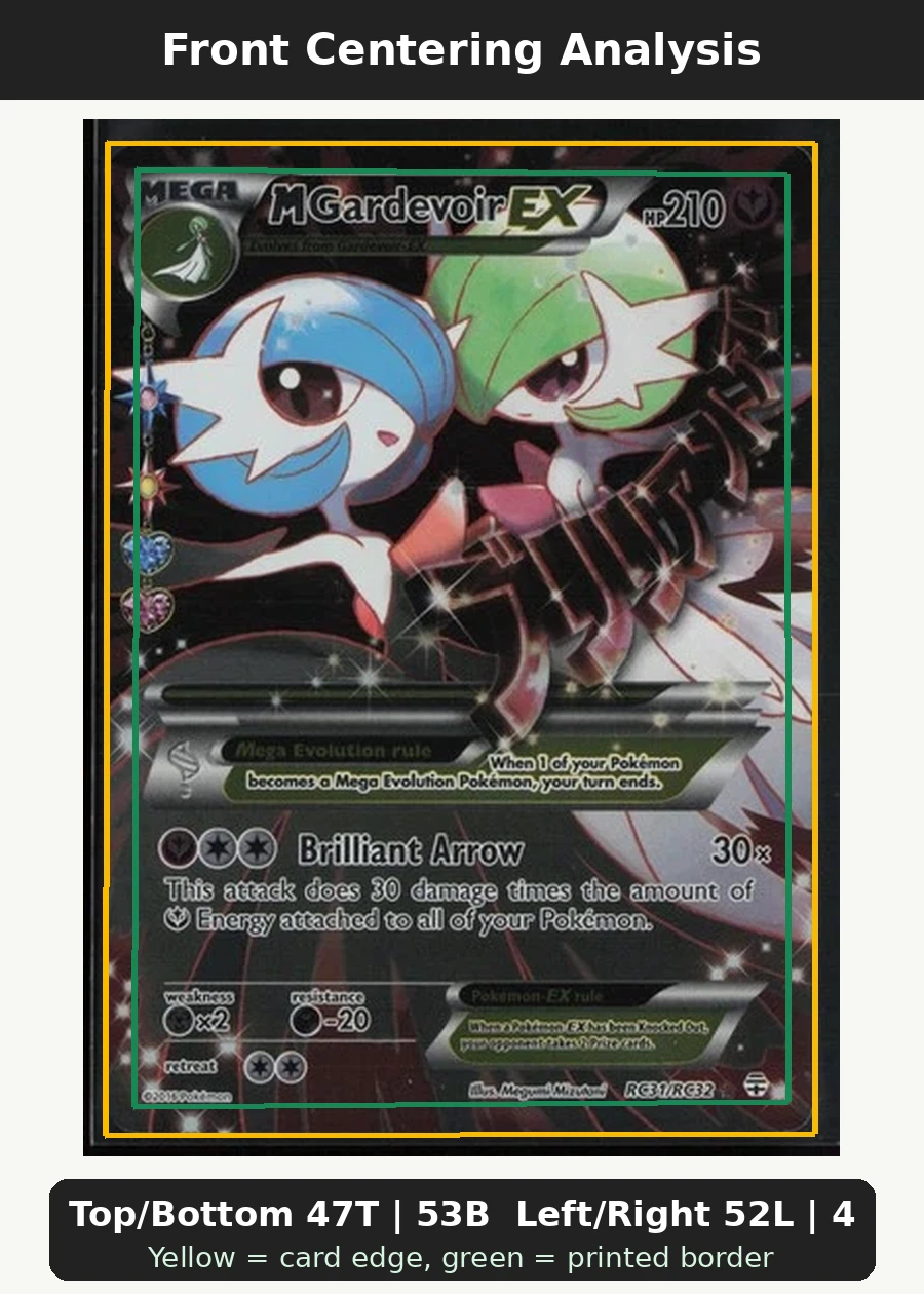 M Gardevoir EX RC31/83 Generations front centering analysis showing Top/Bottom 47T | 53B and Left/Right 52L | 48R.