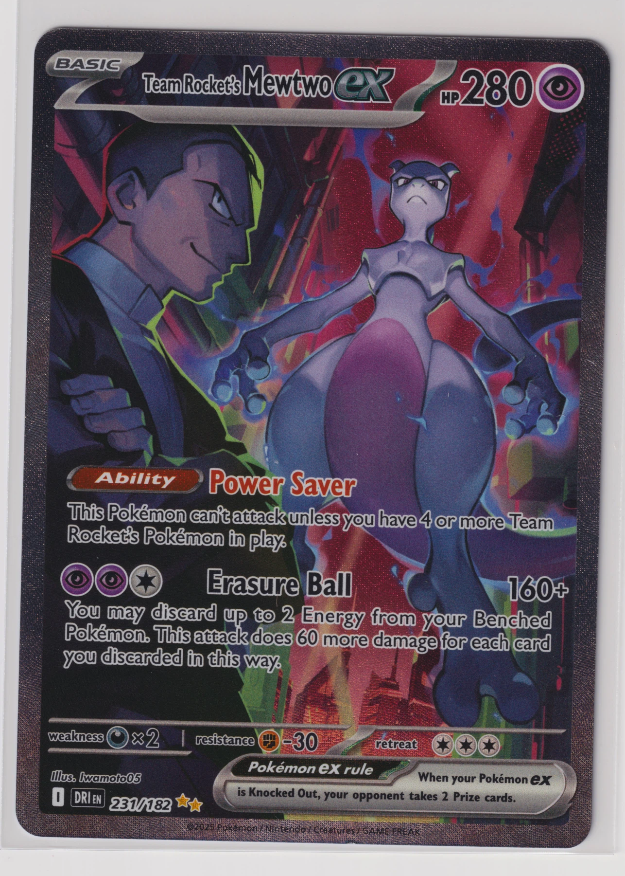 Team Rocket's Mewtwo ex 231/182 Destined Rivals front card photo in PokeToGrade pregrading report