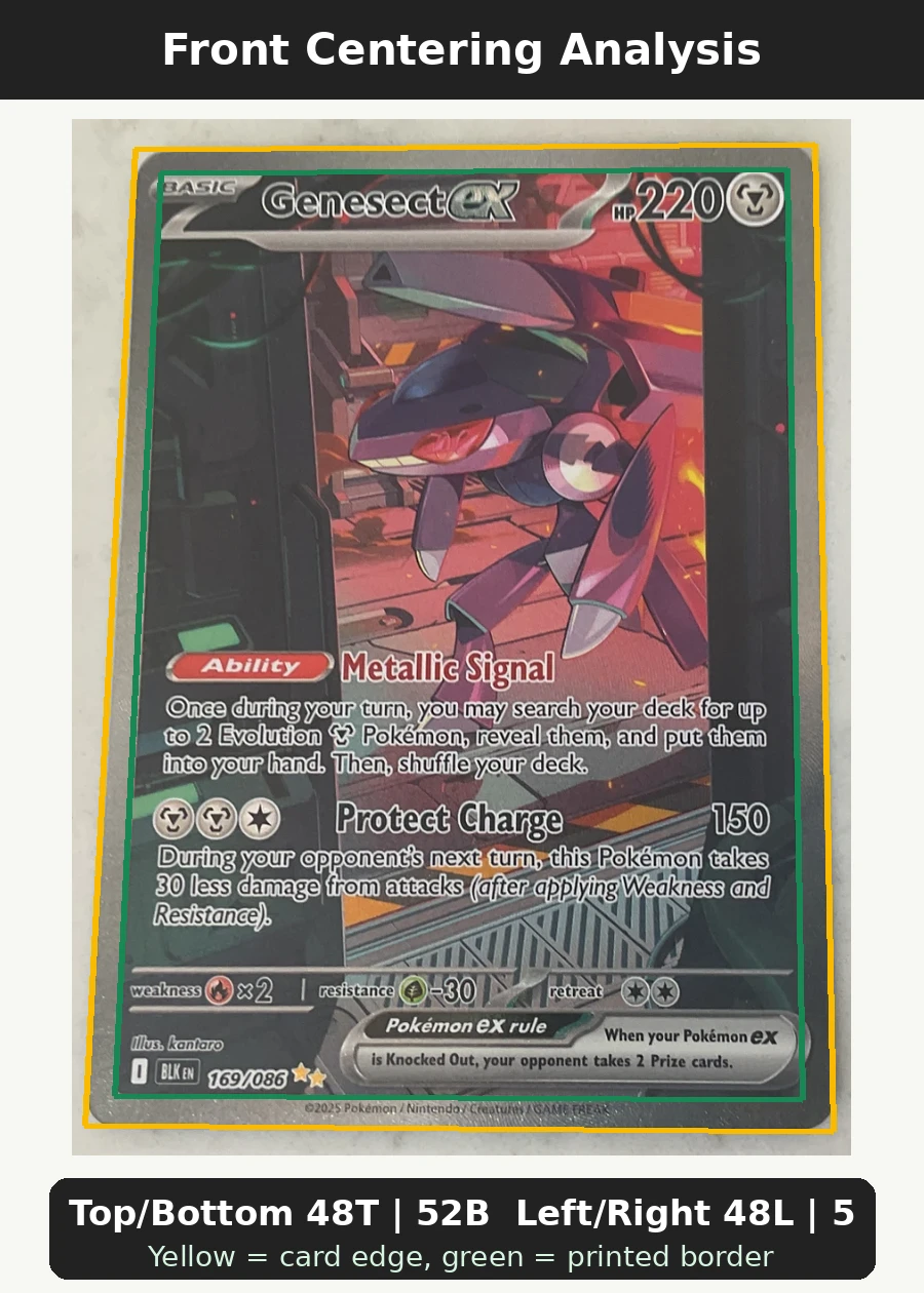 Genesect ex 169/86 Black Bolt front centering analysis showing Top/Bottom 48T | 52B and Left/Right 48L | 52R.