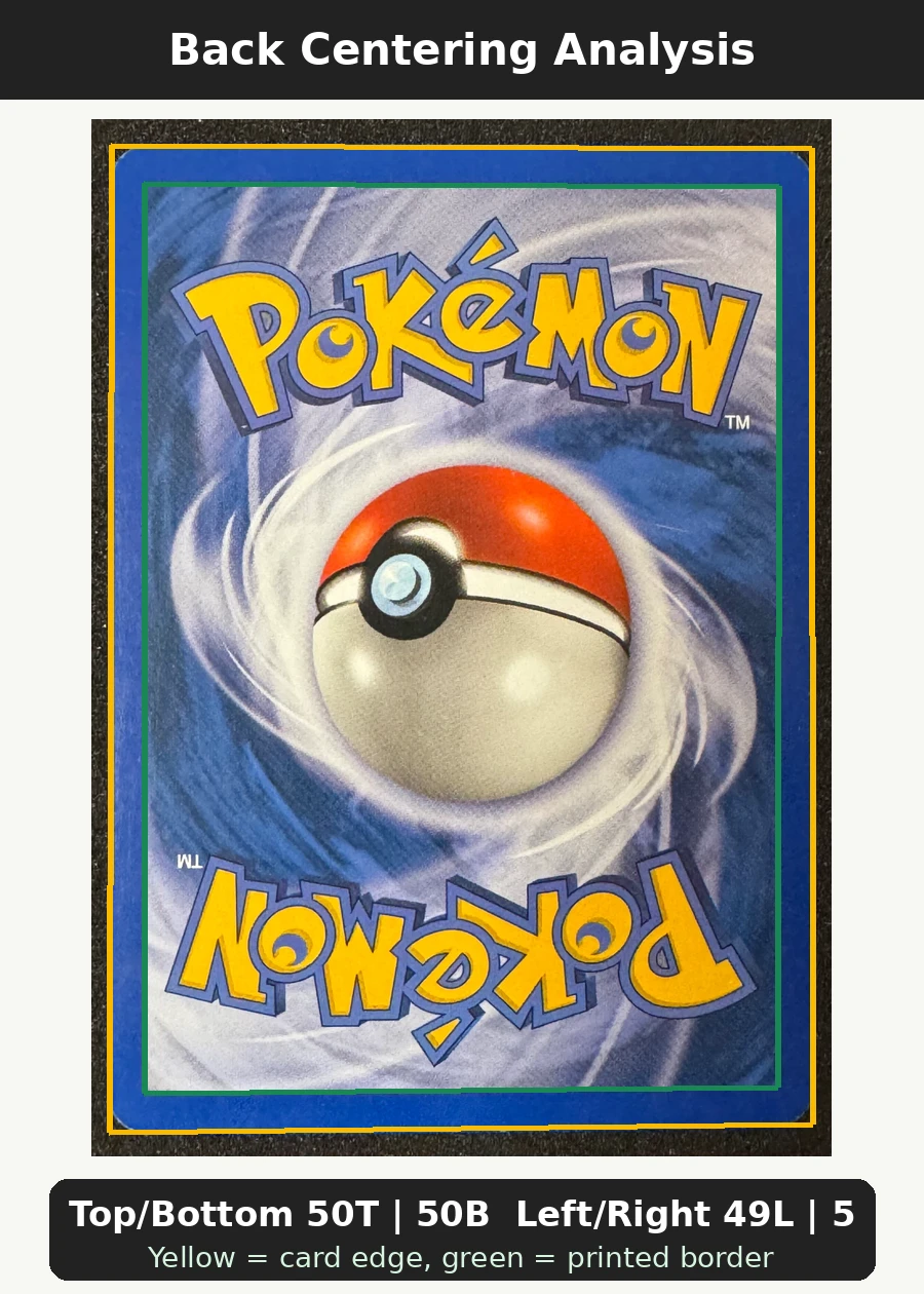 Umbreon H29/147 Aquapolis back centering analysis showing Top/Bottom 50T | 50B and Left/Right 49L | 51R.