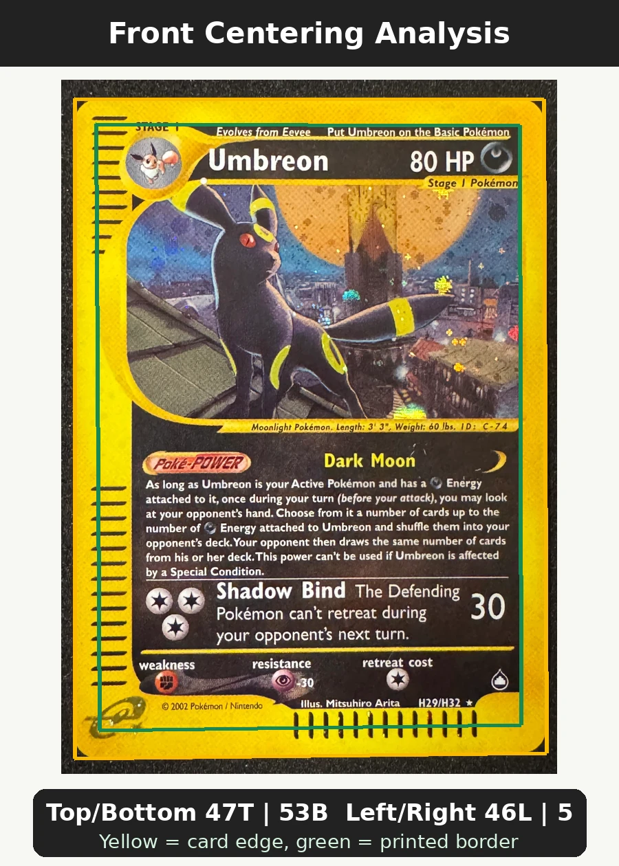 Umbreon H29/147 Aquapolis front centering analysis showing Top/Bottom 47T | 53B and Left/Right 46L | 54R.