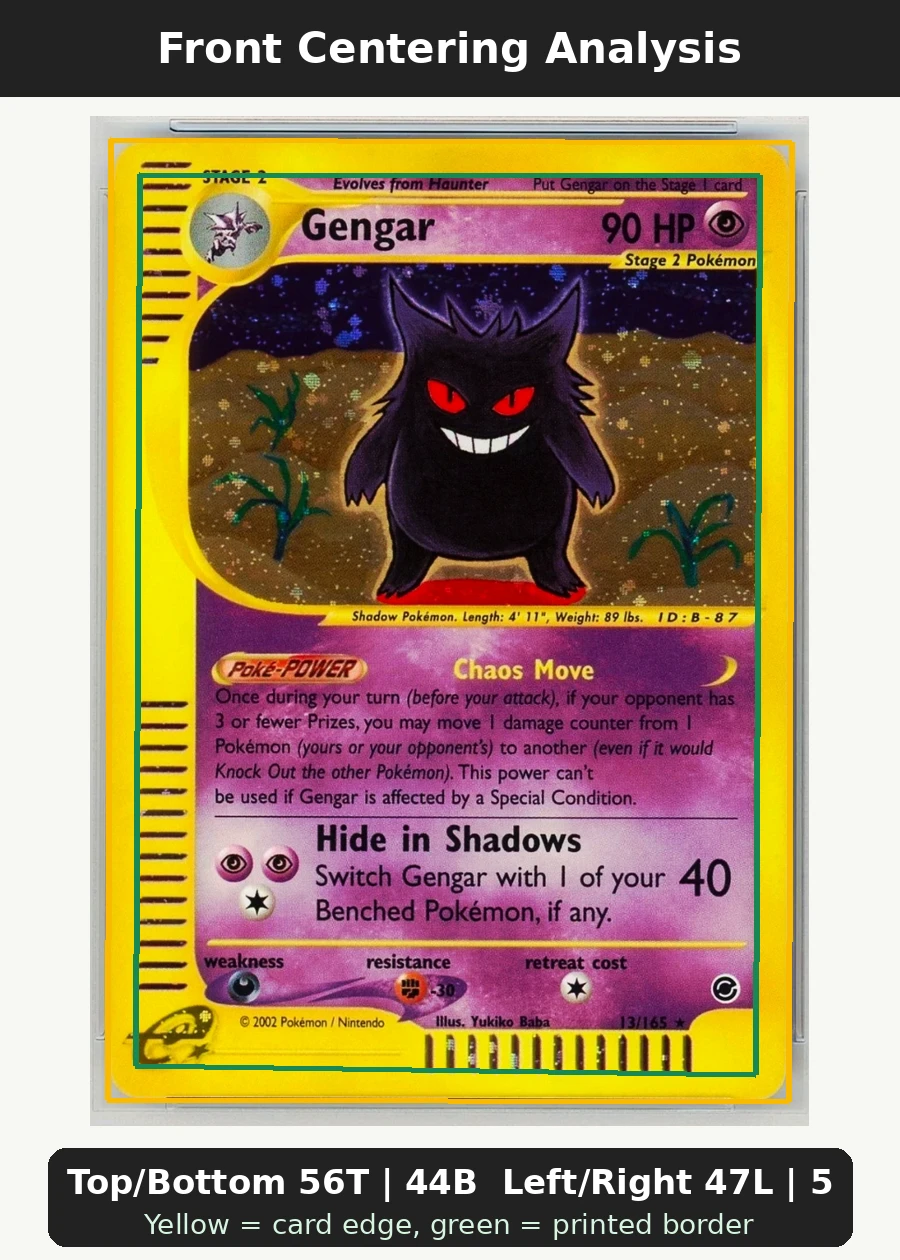 Gengar 013/165 Expedition Base Set front centering analysis showing Top/Bottom 56T | 44B and Left/Right 47L | 53R.