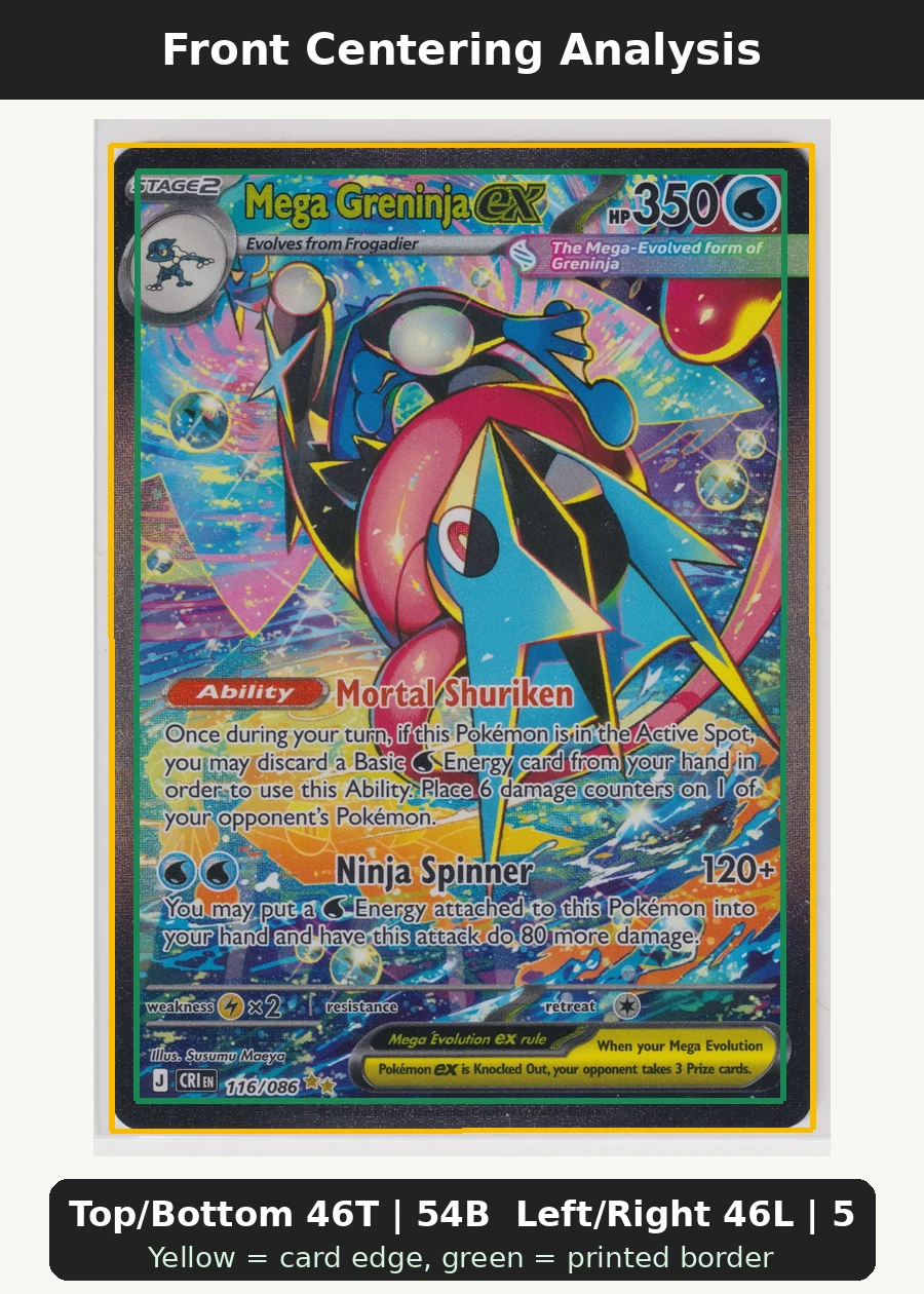 Mega Greninja ex 116/86 Chaos Rising front centering analysis showing Top/Bottom 46T | 54B and Left/Right 46L | 54R.