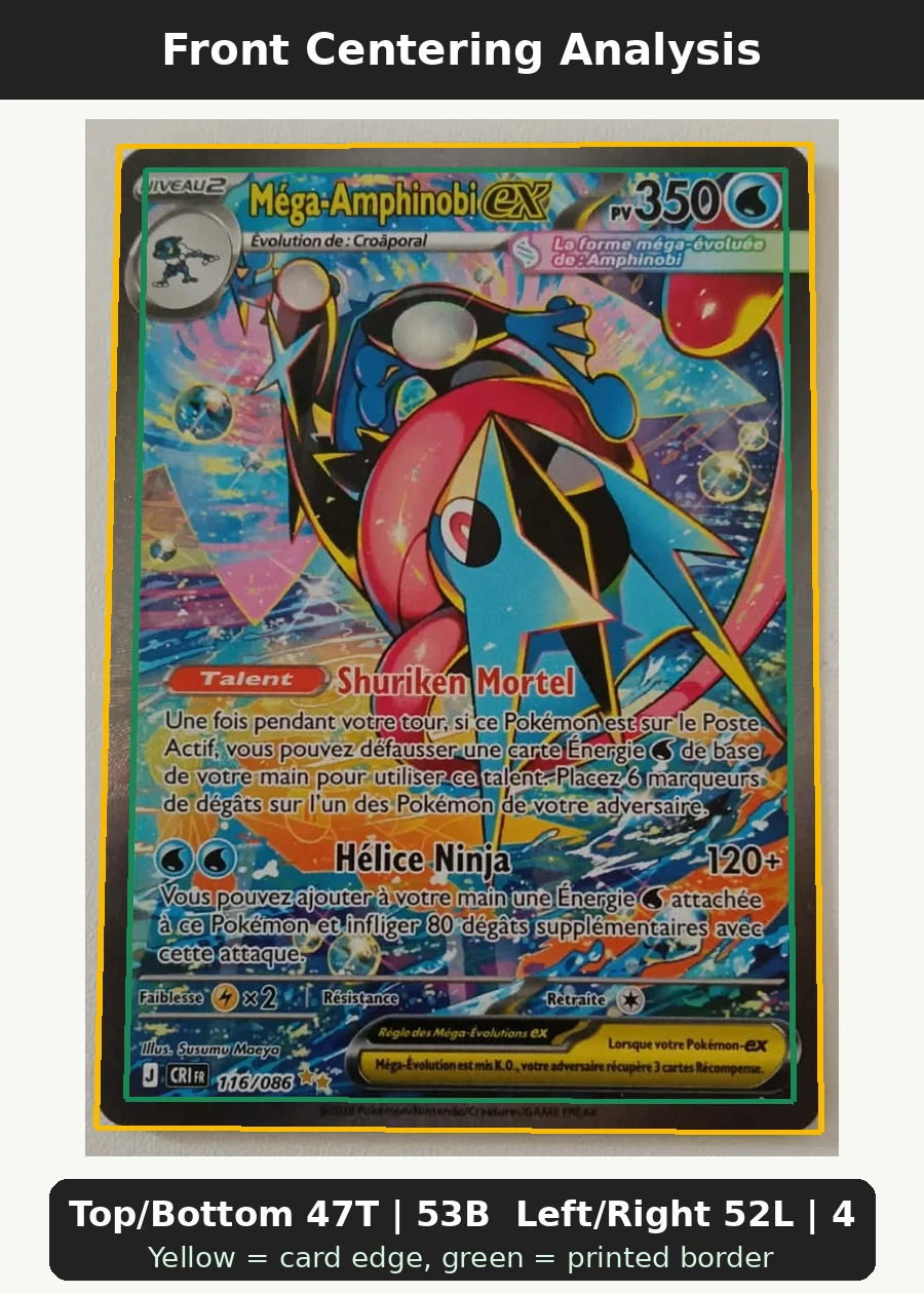 Mega Greninja ex 116/86 Chaos Rising front centering analysis showing Top/Bottom 47T | 53B and Left/Right 52L | 48R.