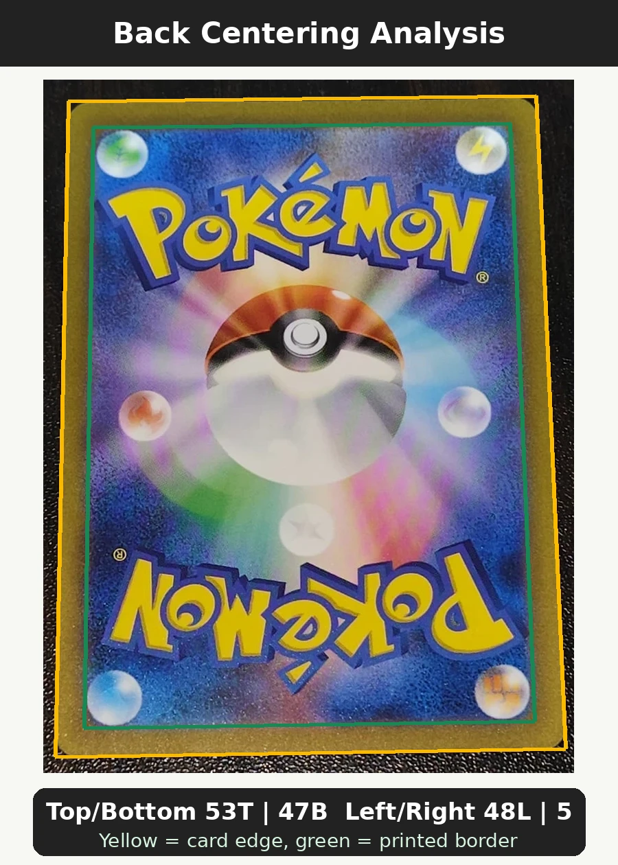 Mewtwo 183/165 Pokémon Card 151 back centering analysis showing Top/Bottom 53T | 47B and Left/Right 48L | 52R.