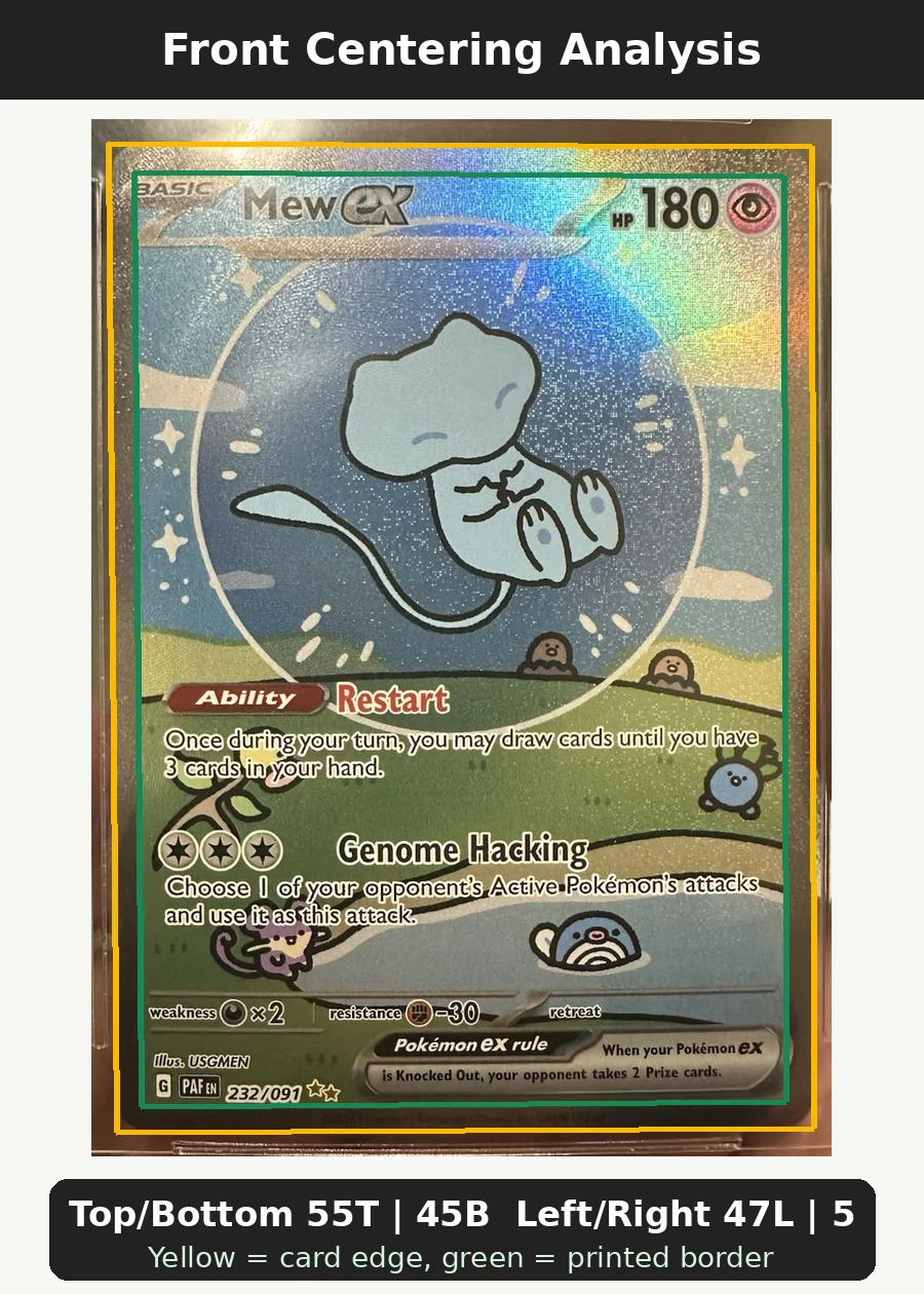 Mew ex 232/91 Paldean Fates front centering analysis showing Top/Bottom 55T | 45B and Left/Right 47L | 53R.